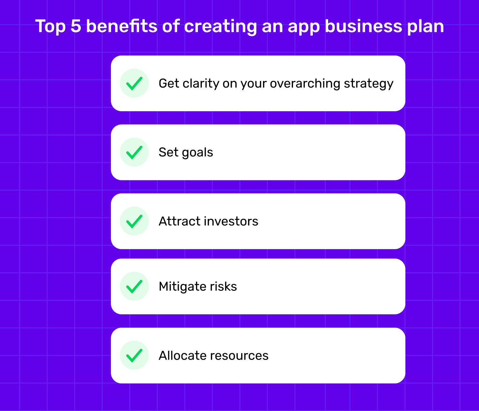 Top 5 benefits of creating an app business plan (Get clarity on your overarching strategy, Set goals, Mitigate risks, Allocate resources, Attract investors)