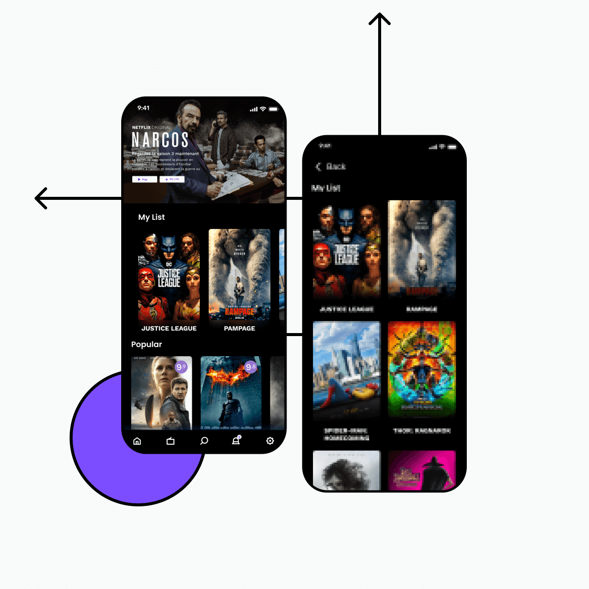 Video streaming app screens with video listings